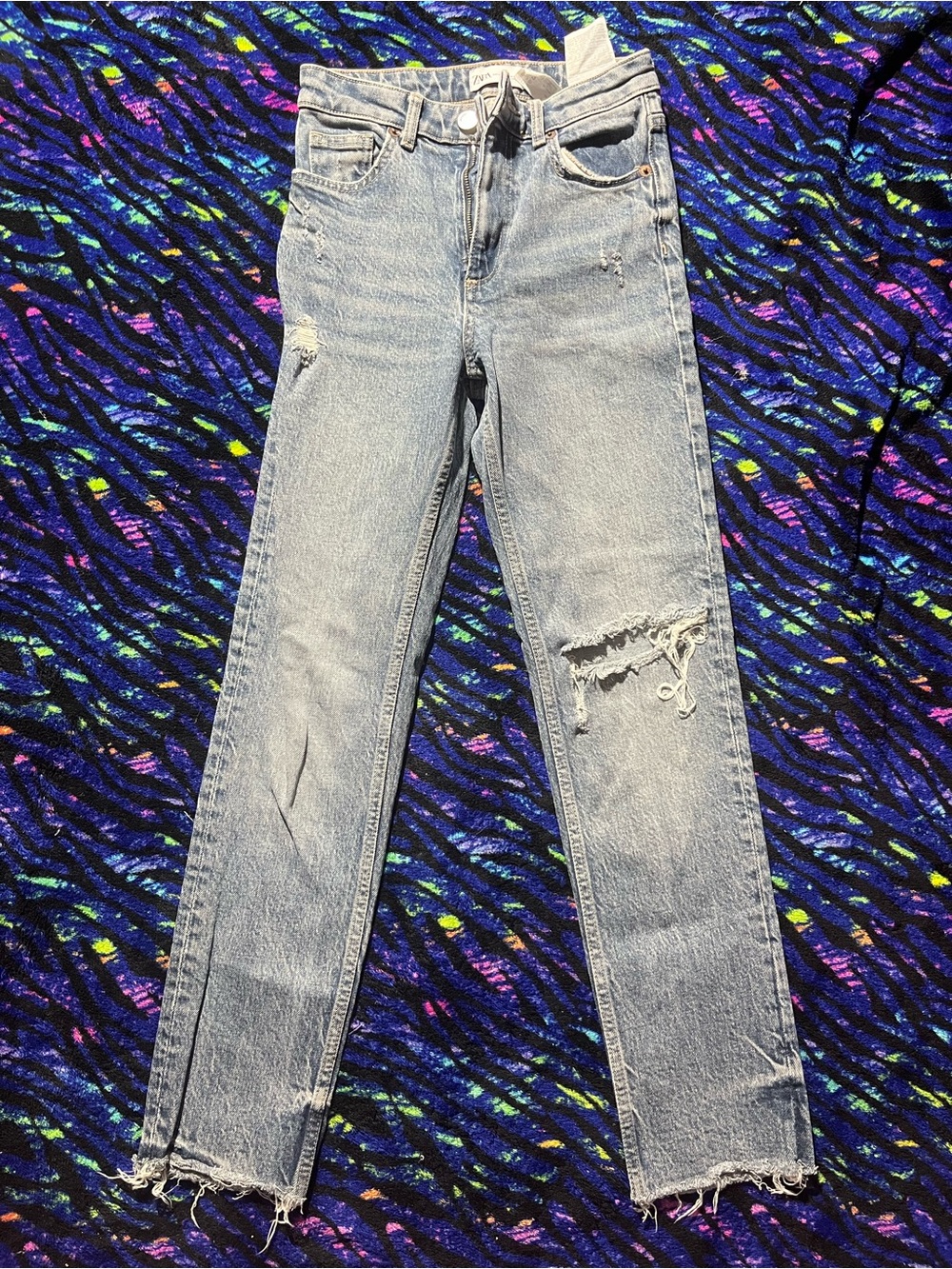 Zara Faded Light Blue Distressed Straight-Leg Jeans